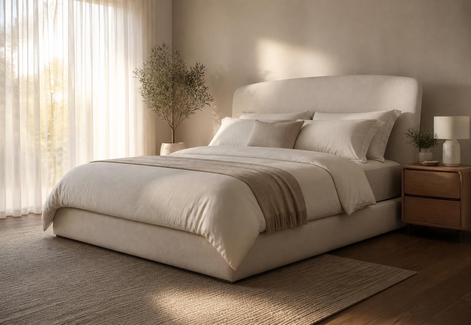 Quarto com cama Sonatta e roupa de cama clara ao amanhecer